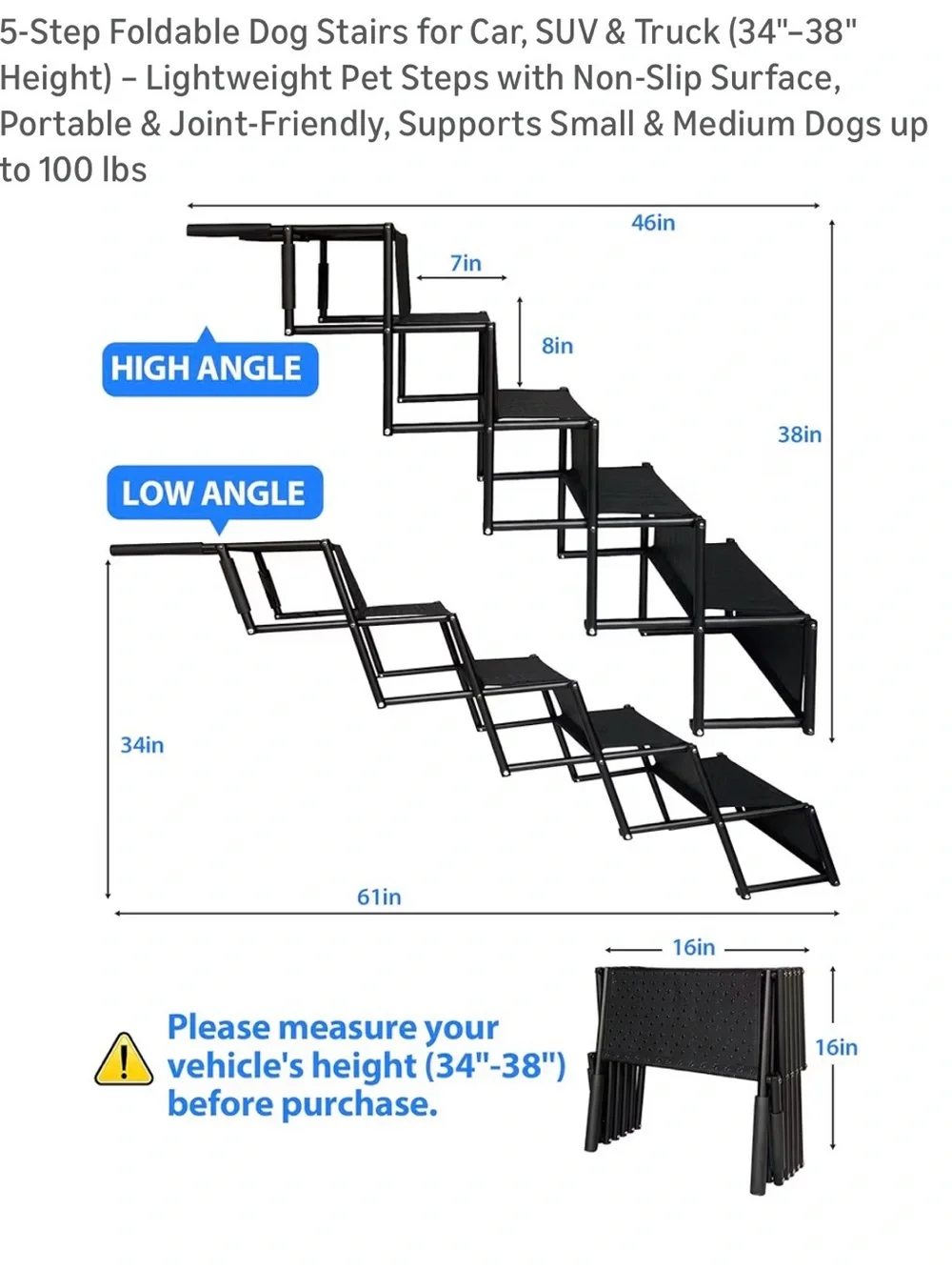 Foldable 5 steps Dog Ramp Stairs for Cars - Portable Pet Steps Up to 100lb